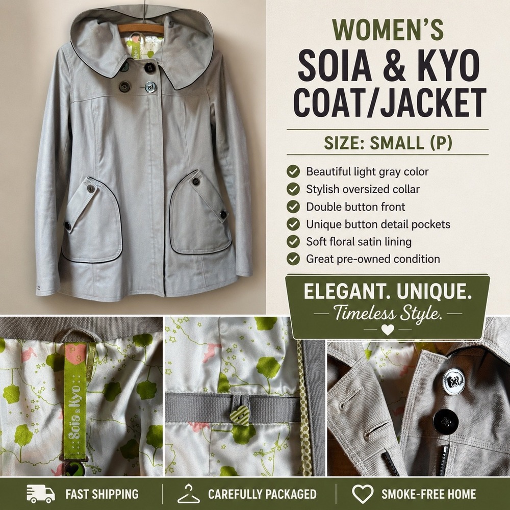Soia & Kyo Womens Light Gray Cotton Coat Oversized Collar Floral Lining Small P